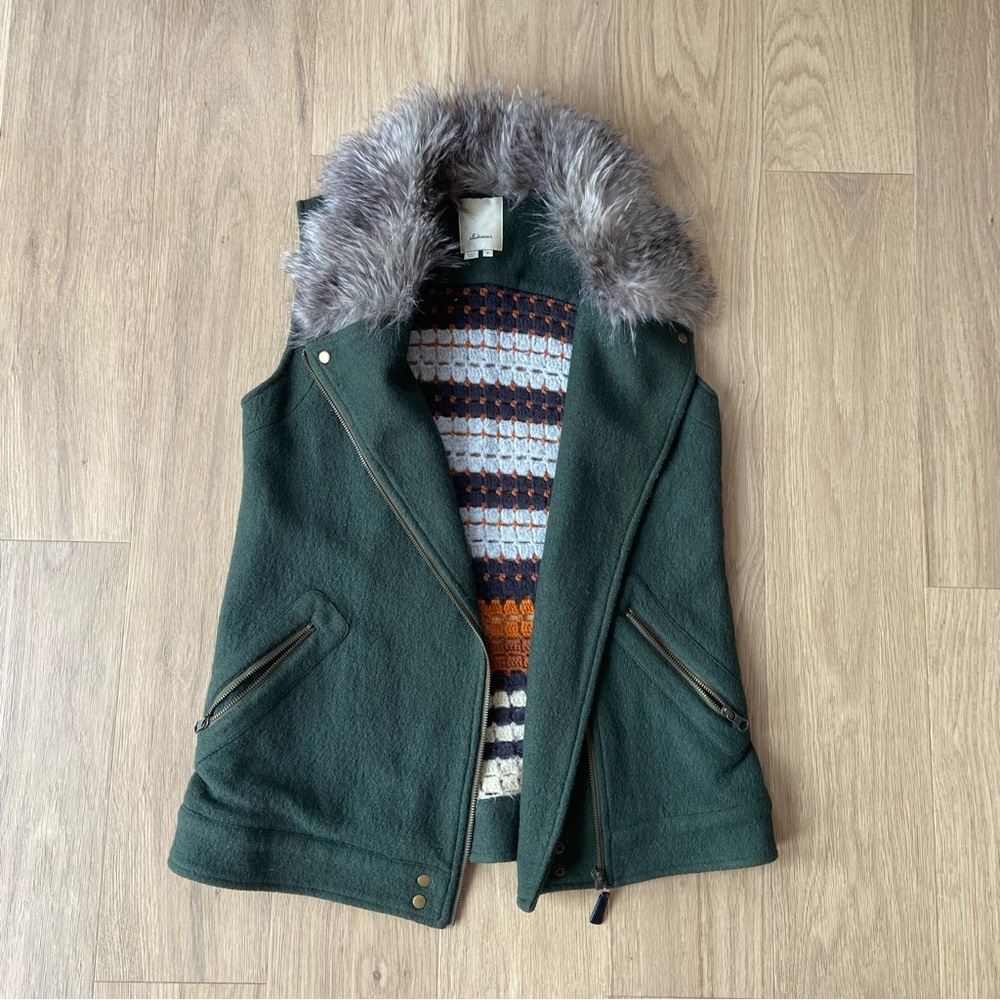 Antropologie Elevenses Crochet Green Wool Fur Vest Sz S Boho Cottagecore Western
